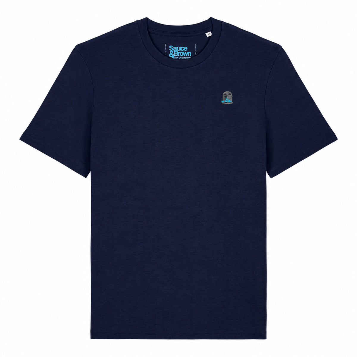 Front view of the Sauce & Brown Atlantic navy t-shirt with embroidered birdcage logo.