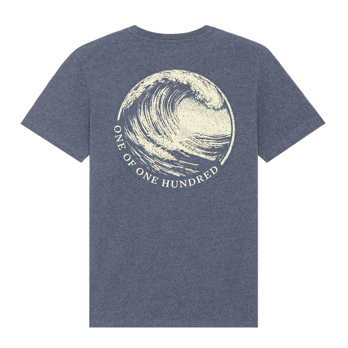 Evelyn Heather Navy T-Shirt by Sauce & Brown with large cream One of One Hundred wave back print.
