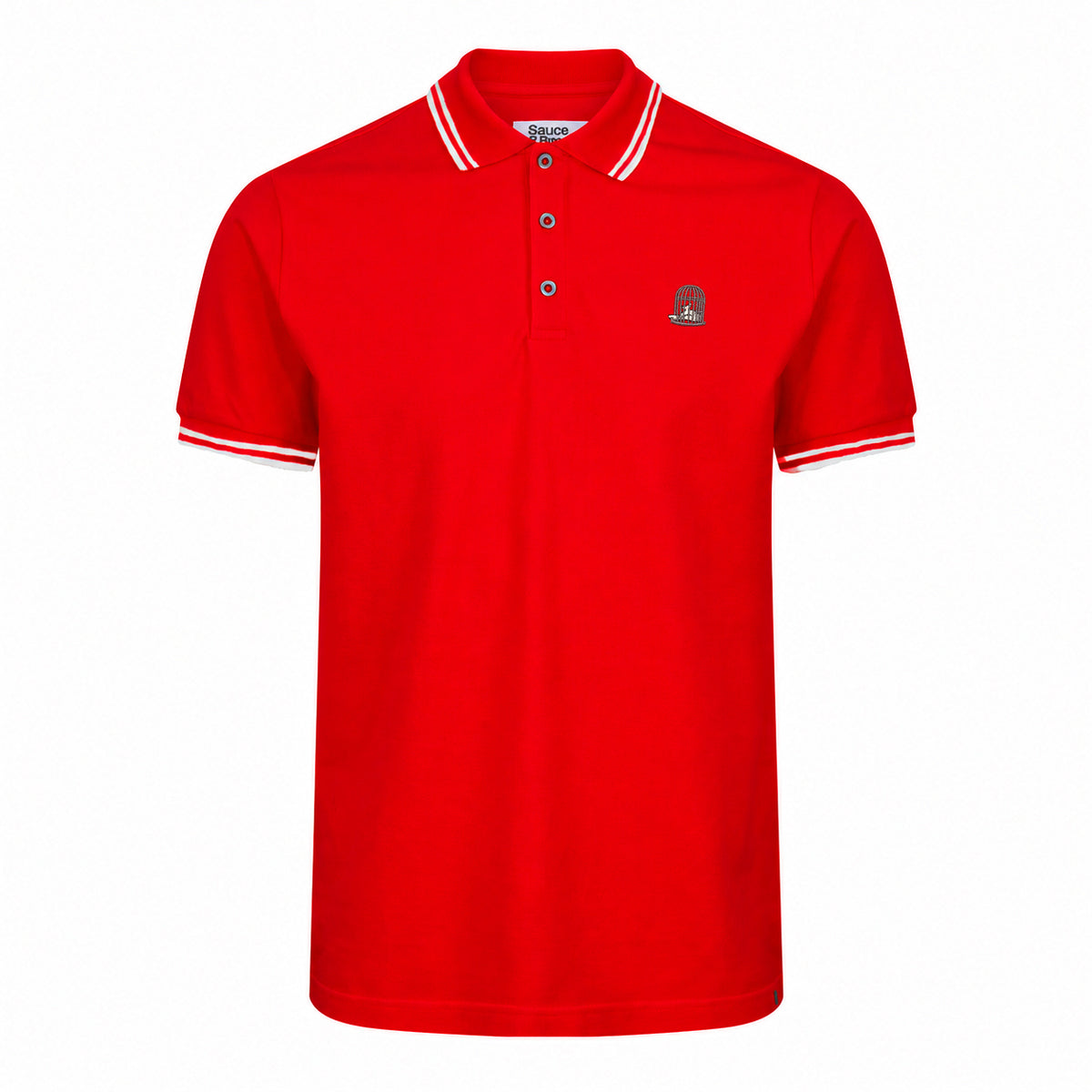 Front product image of the Sauce & Brown Forza red polo shirt with white tipped collar and sleeves