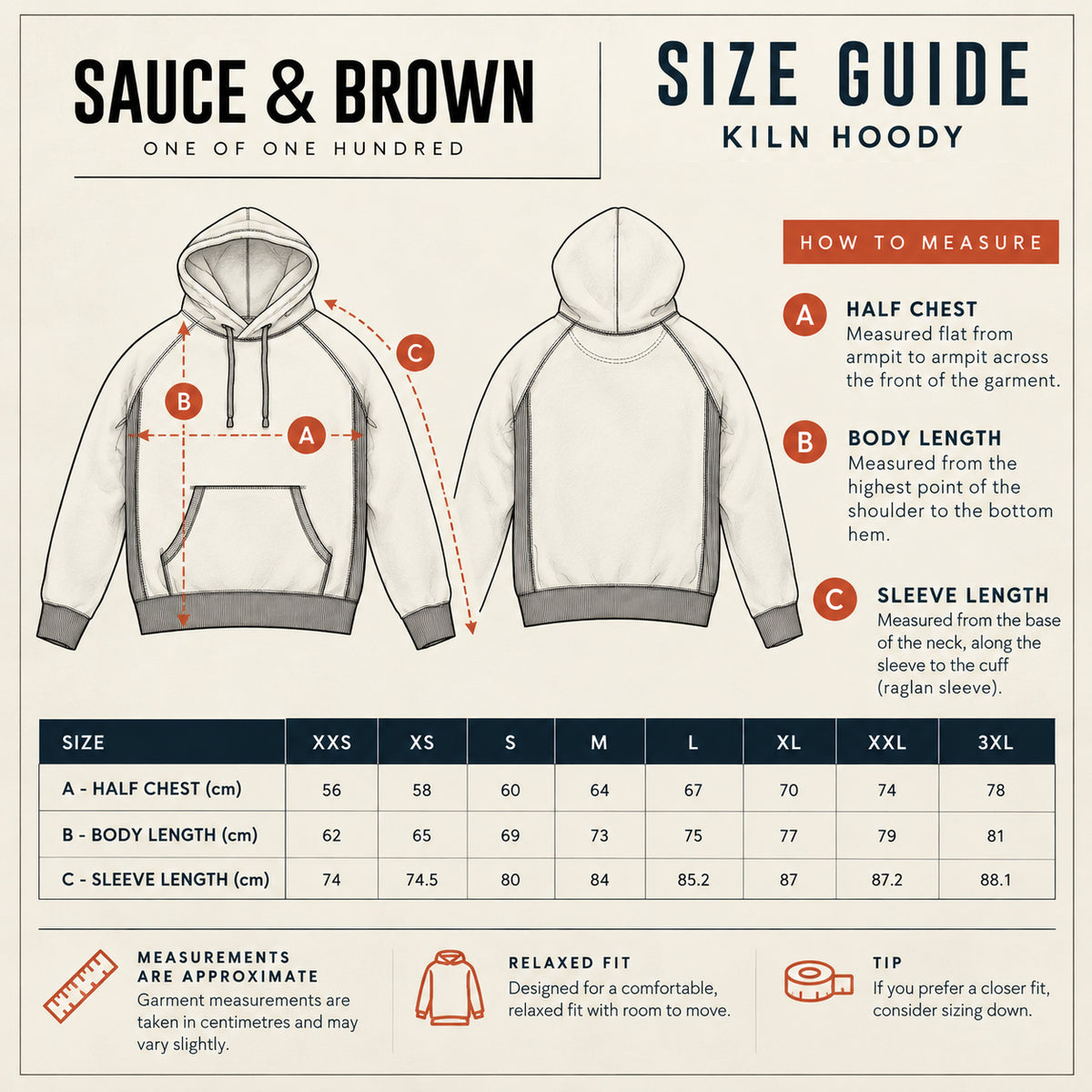 Sauce & Brown Kiln Hoody size guide with front and rear diagrams, showing chest width, body length and sleeve measurements in centimetres for sizes XXS to 3XL.