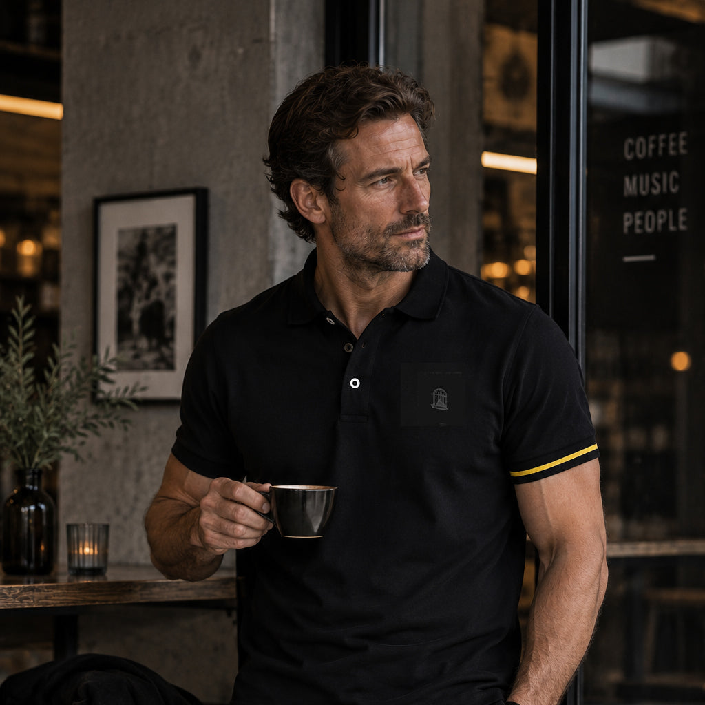 Model wearing the Sauce & Brown Offset black polo shirt with yellow cuff detail in a coffee shop.