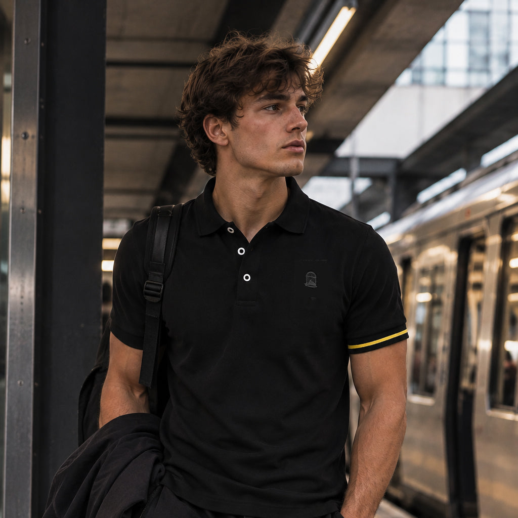 Model wearing the Sauce & Brown Offset black polo shirt with yellow cuff detail at a train station.