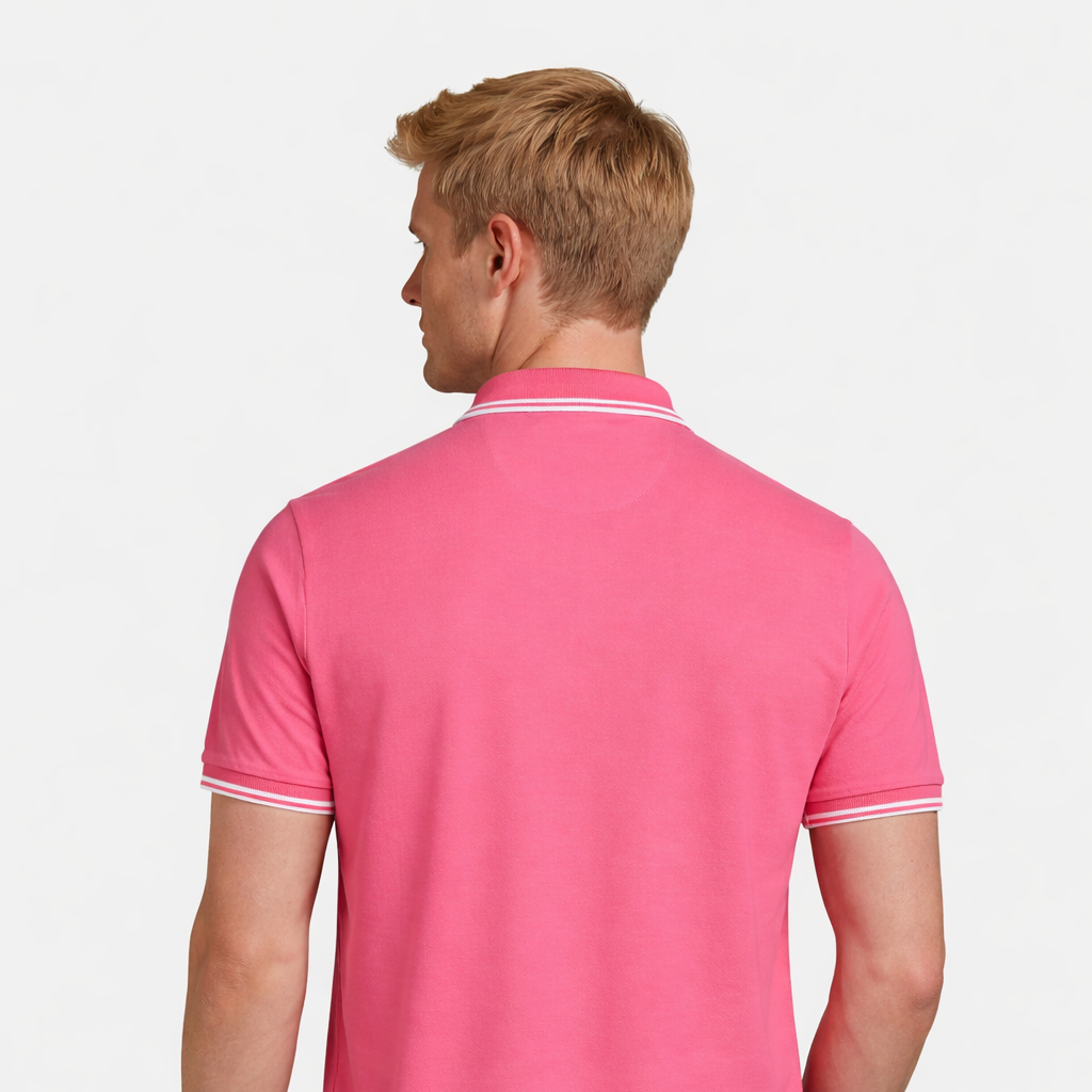 Rear view of Axel Polo in pink worn by model by Sauce & Brown