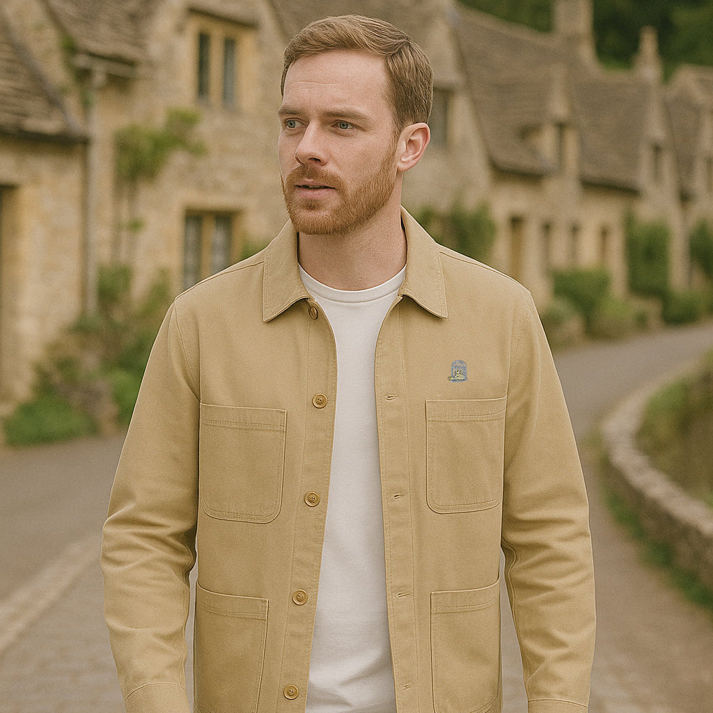 Model wearing Bourne Jacket in sand outdoors by Sauce & Brown