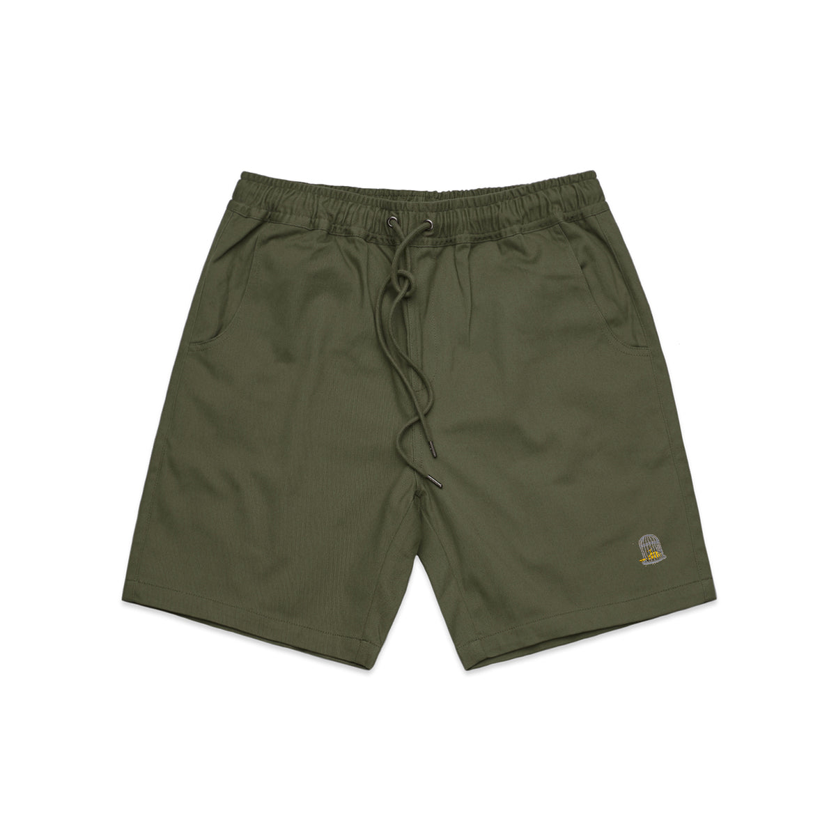 Angled view of Field Shorts in olive green by Sauce & Brown