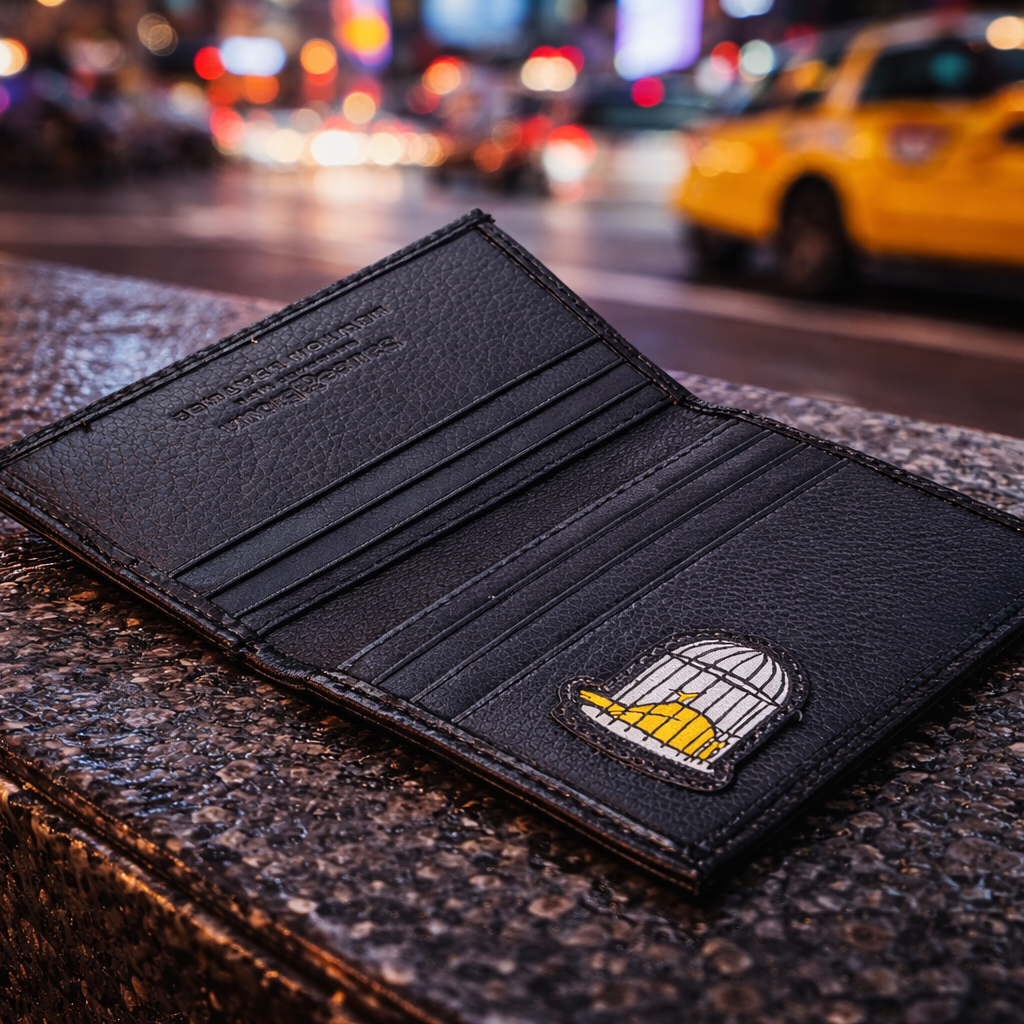Open black leather credit card holder showing card slots and embroidered logo by Sauce & Brown