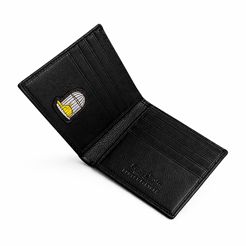 Angled view of black leather credit card wallet showing interior card slots by Sauce & Brown