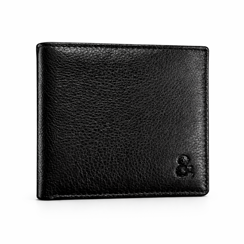 Leather credit card wallet in black with embossed logo by Sauce & Brown
