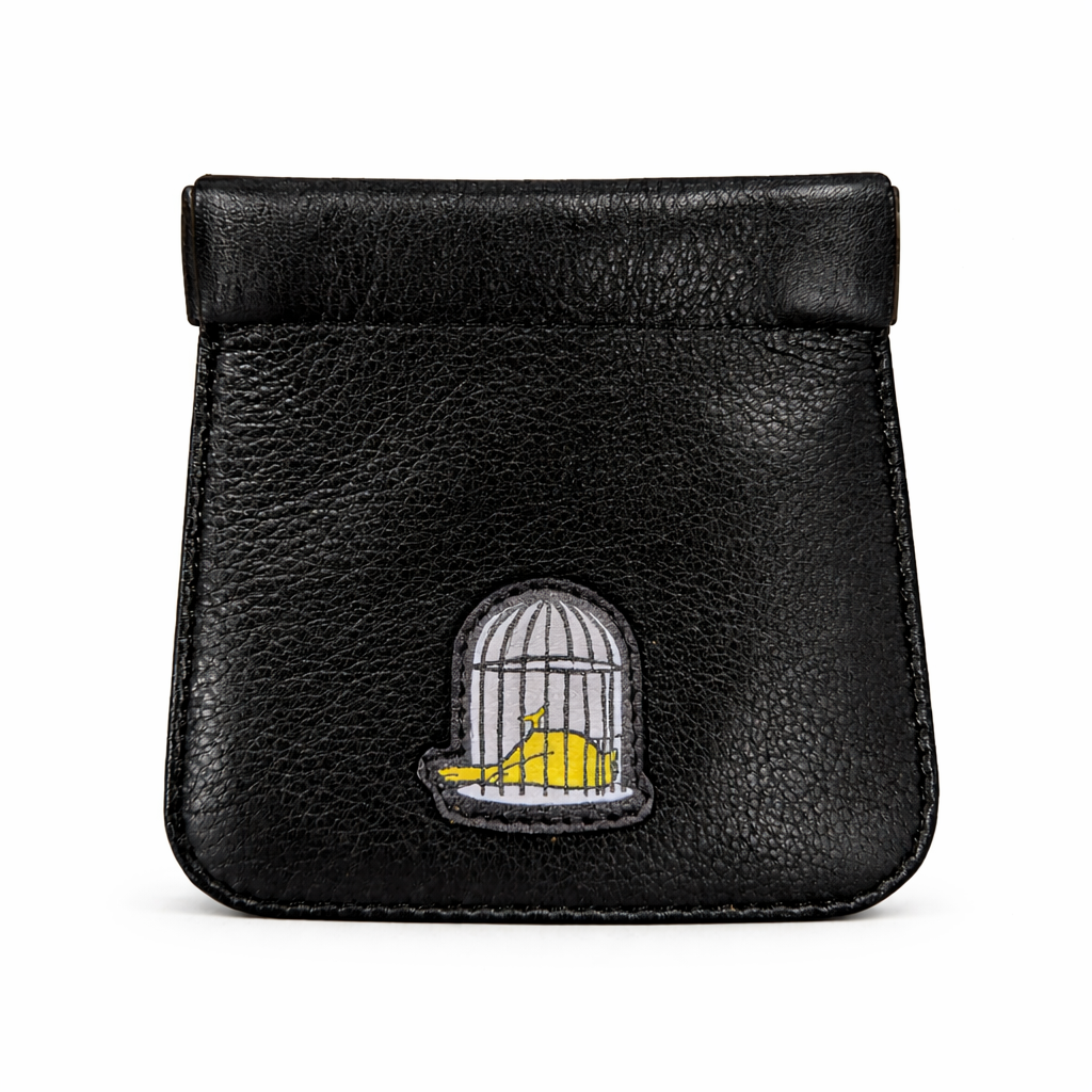 Leather Snap Top Coin Holder in black with embroidered logo by Sauce & Brown