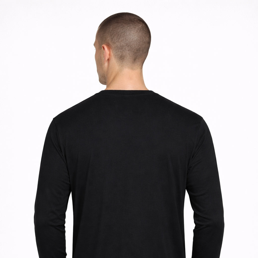 Rear view of Miner Press Long Sleeve Tee in black worn by model by Sauce & Brown