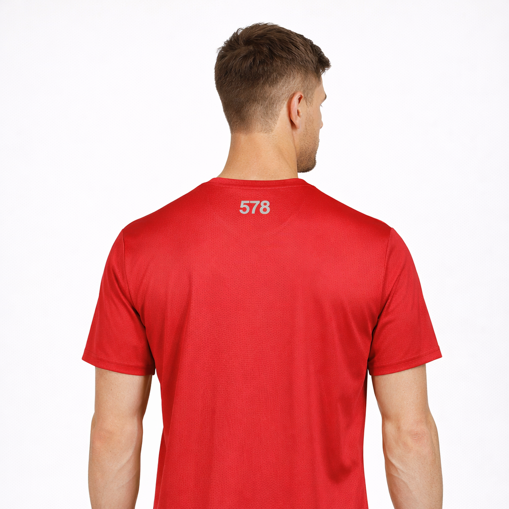 Rear view of Trent Sports Top in red worn by model by Sauce & Brown