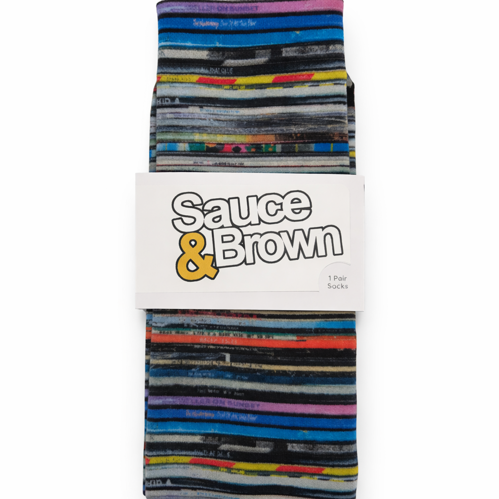 Vinyl Print Socks in multicolour stripe design with Sauce & Brown packaging