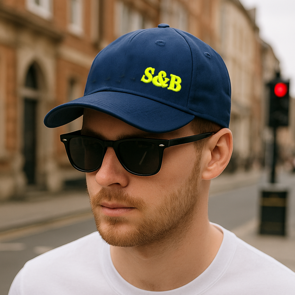 Model wearing Youth Cap in navy with yellow S&B logo by Sauce & Brown