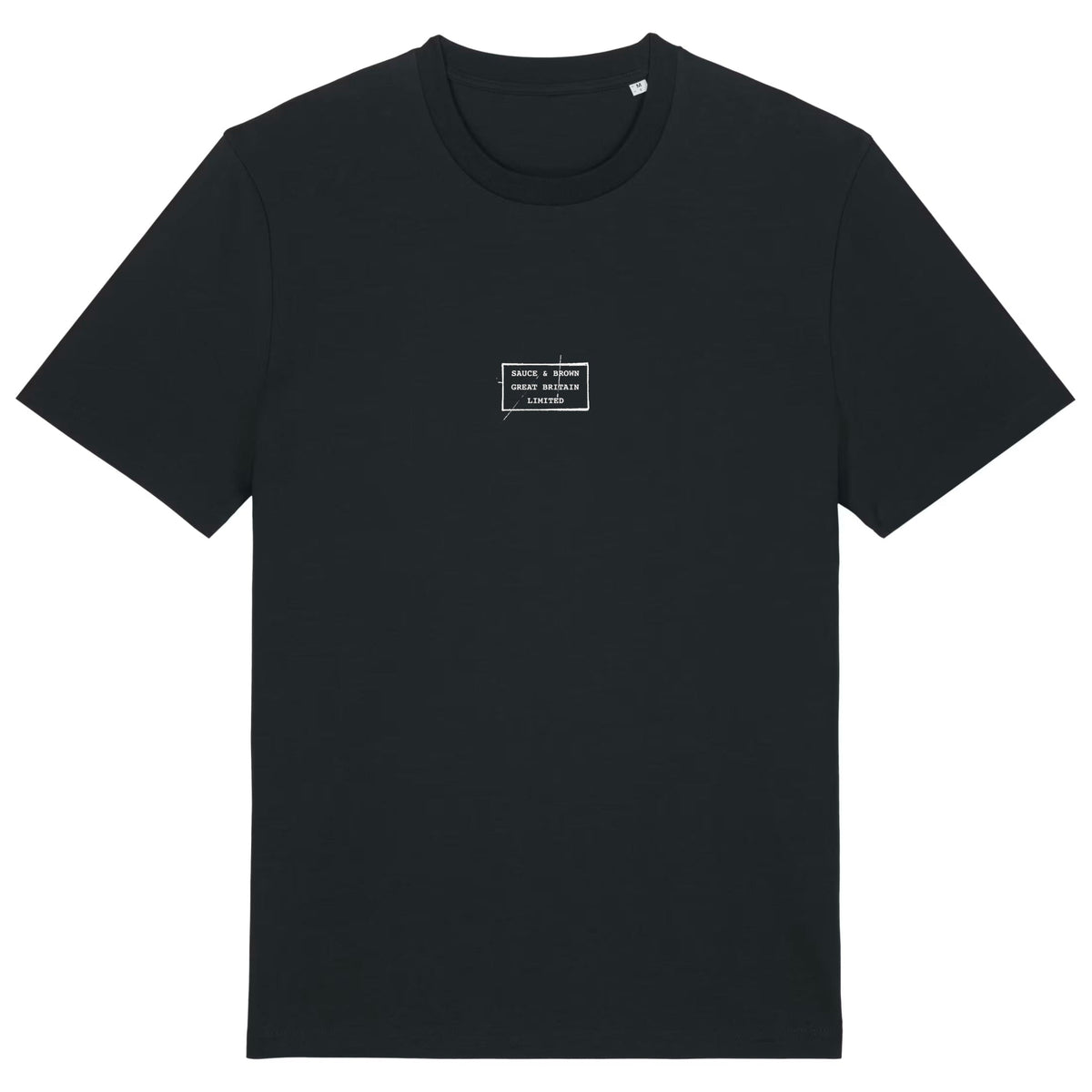 Front view of the Sauce & Brown Scratchback black T-Shirt with signature chest patch.
