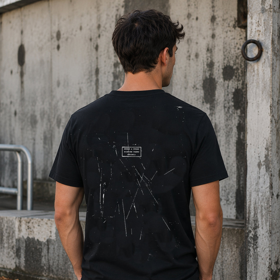 Rear view of a male model wearing the Sauce & Brown Scratchback black T-Shirt featuring the signature Scratchback back print in an urban setting.