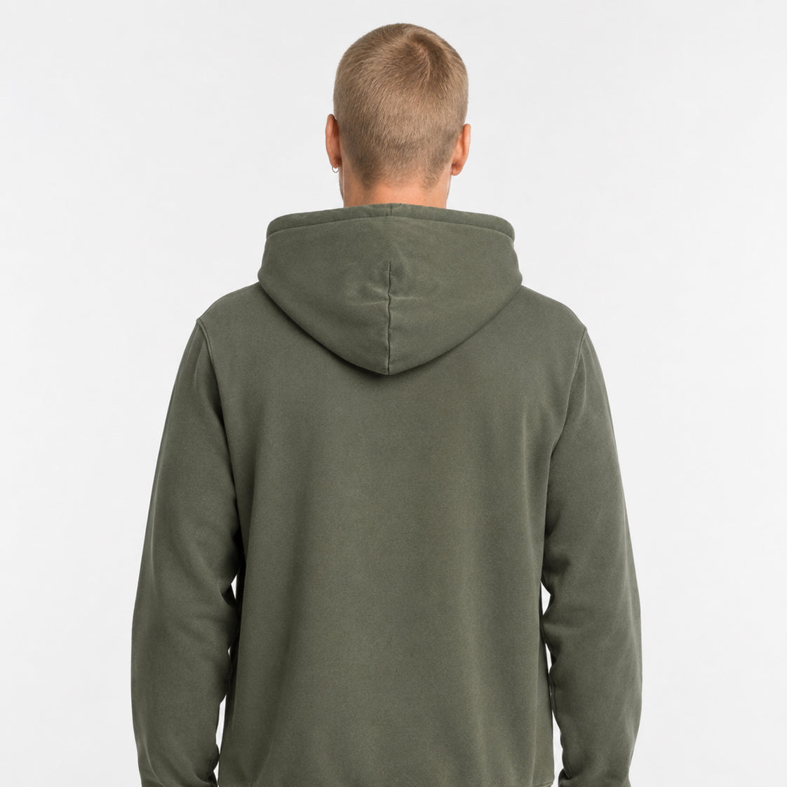 Rear view of the khaki green Tarn hoodie by Sauce & Brown worn by a male model.