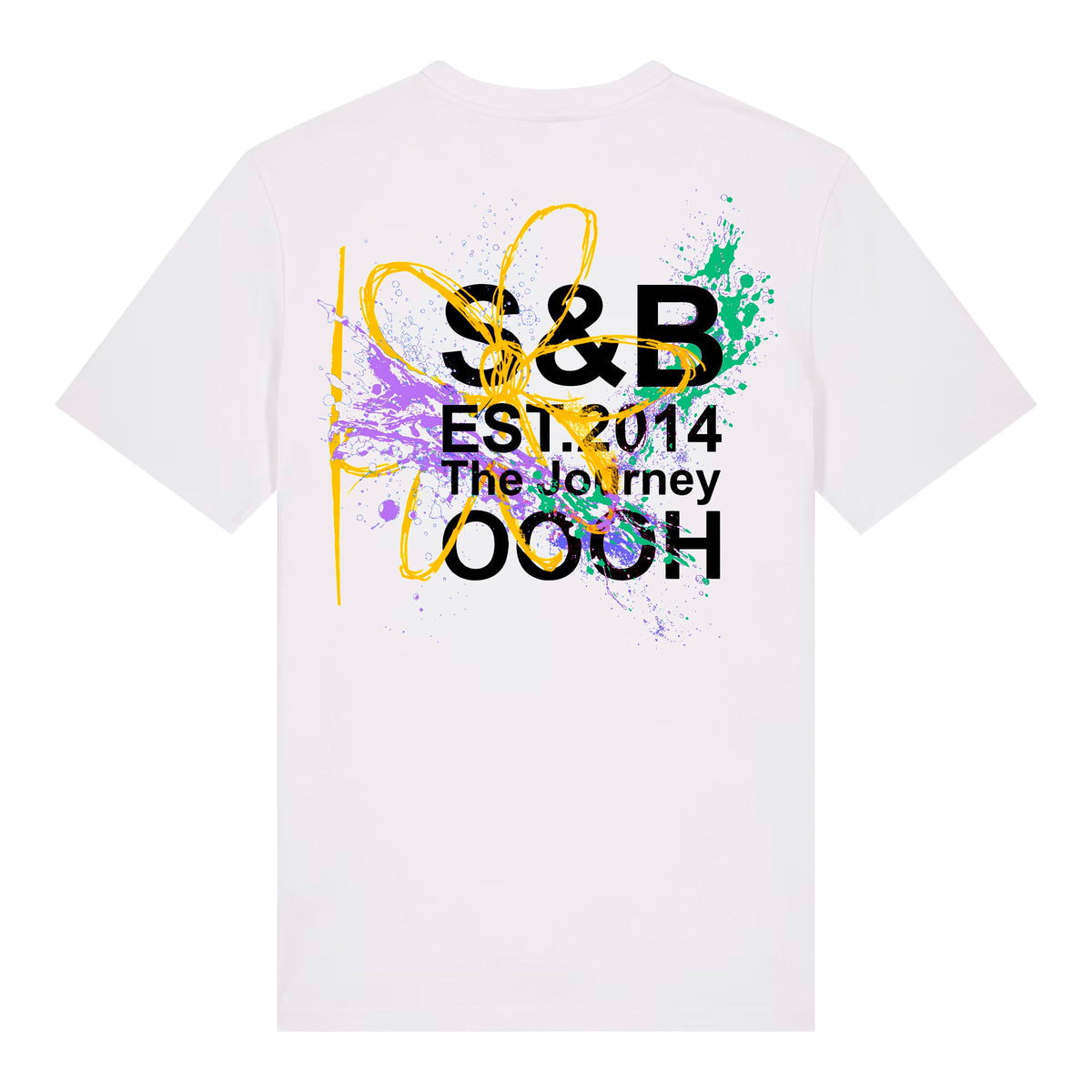 White organic cotton T-shirt with large S&B graphic and text print on back, product view