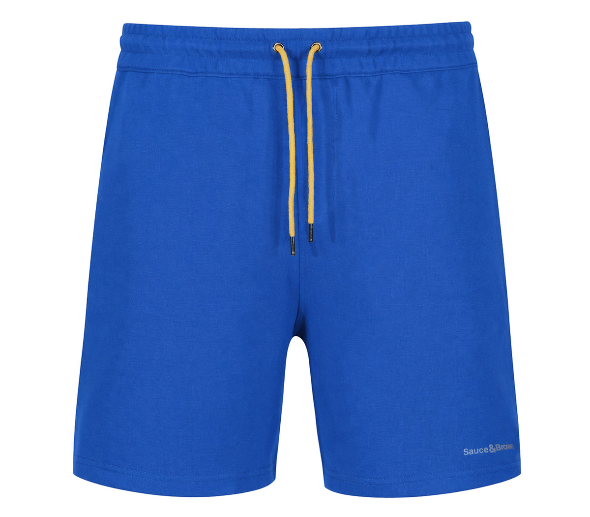 Blue Piero shorts with yellow drawstring, front product view on plain background