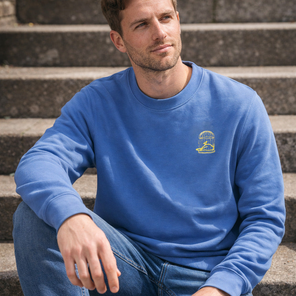 Male model wearing Sauce & Brown blue crewneck sweatshirt sitting on sunlit concrete steps