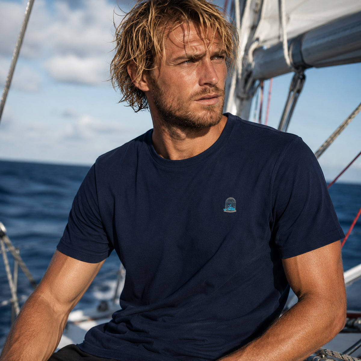 Lifestyle photograph of a male model wearing the Sauce & Brown Atlantic navy T-Shirt on a sailing yacht.