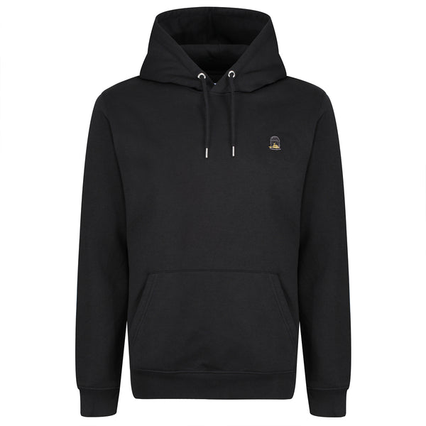 Black Hoody with small embroidery on left chest of Canary and birdcage