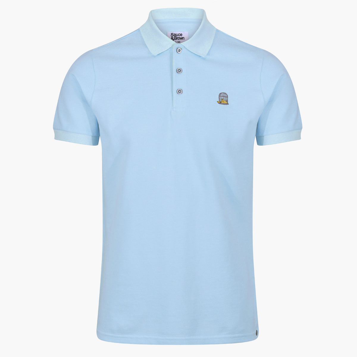 Front studio product image of the Sauce & Brown Calma polo shirt in light blue with embroidered birdcage logo on a clean white background.