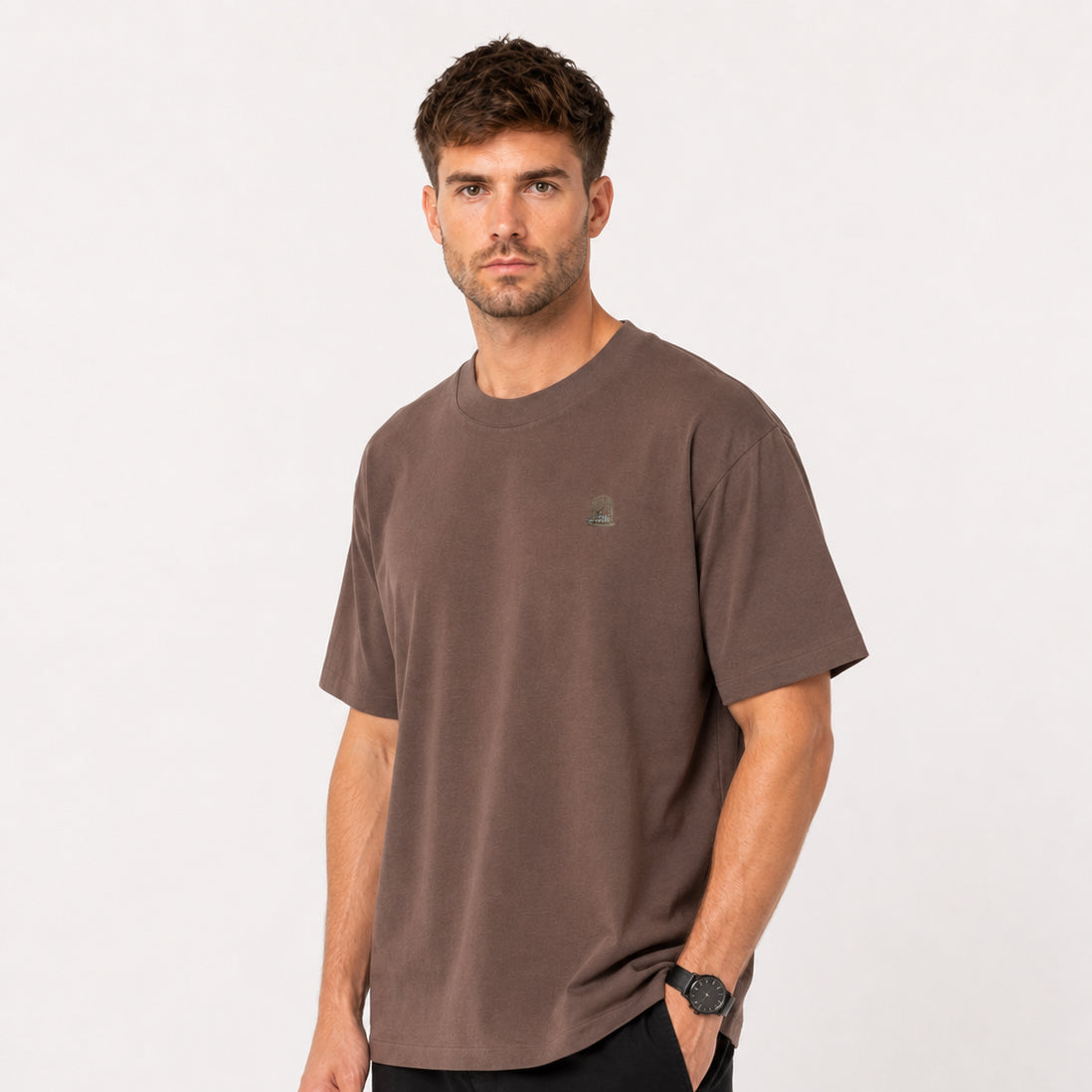 Sauce & Brown Dune oversized T-shirt in mocha – three-quarter studio view