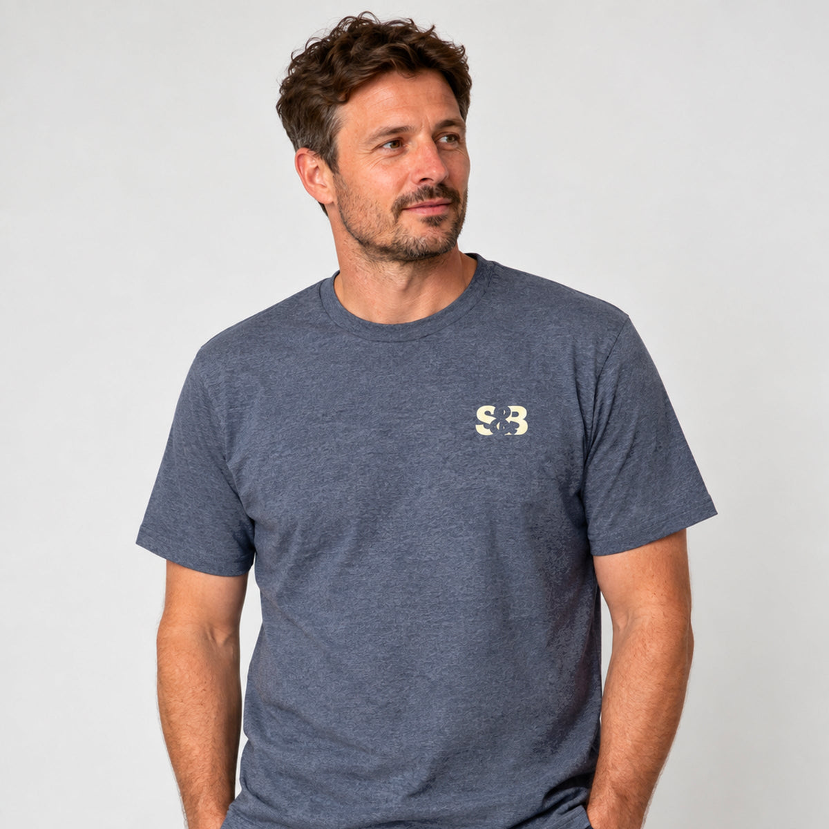 Evelyn Heather Navy T-Shirt by Sauce & Brown, showing the cream S&B chest print and regular fit.