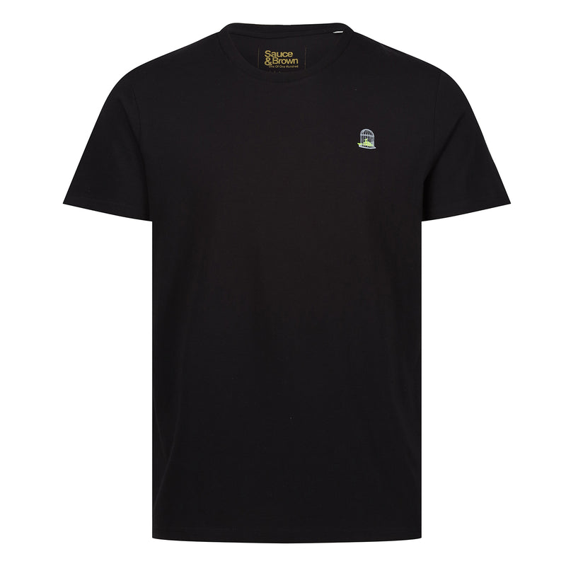 Black cotton tshirt with left chest embroidery with fluorescent canary 
