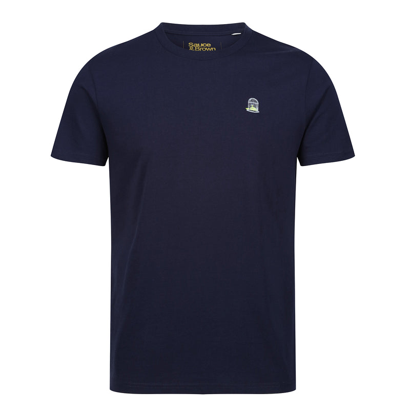 Navy cotton tee with birdcage embroidery front left chest with fluorescent canary 