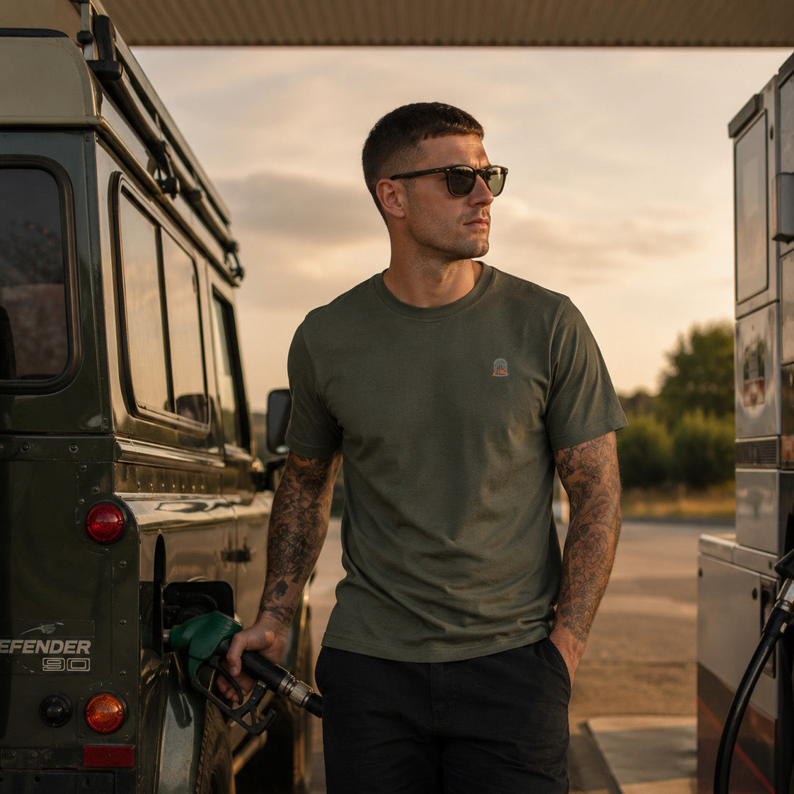 Male model wearing the Sauce & Brown Outland khaki T-Shirt during an outdoor adventure.