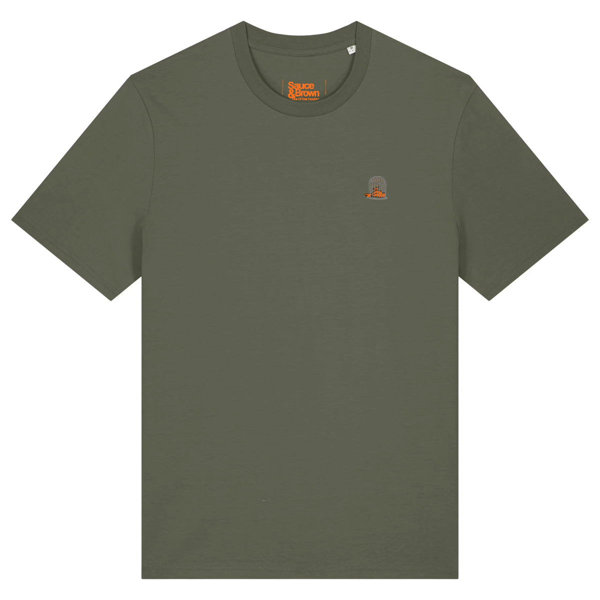 Front view of the Sauce & Brown Outland khaki T-Shirt with embroidered birdcage logo.