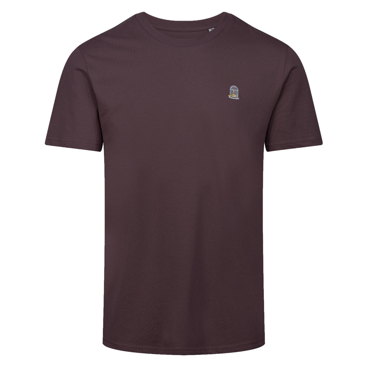 Maroon t-shirt with a small logo on a white background