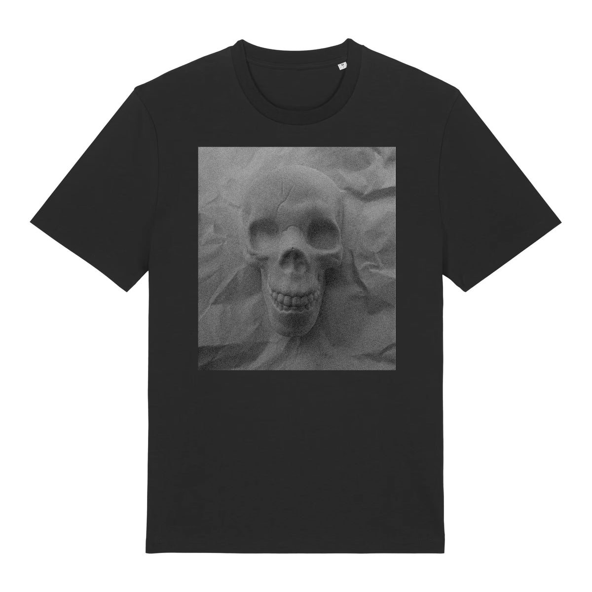 Sauce & Brown Relic black T-shirt featuring a large grayscale skull graphic print on the front.