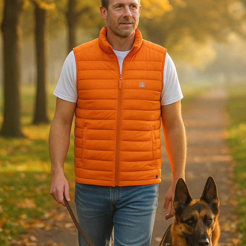 Man wearing a Sauce & Brown orange puffer vest walking a dog on a path in a park.
