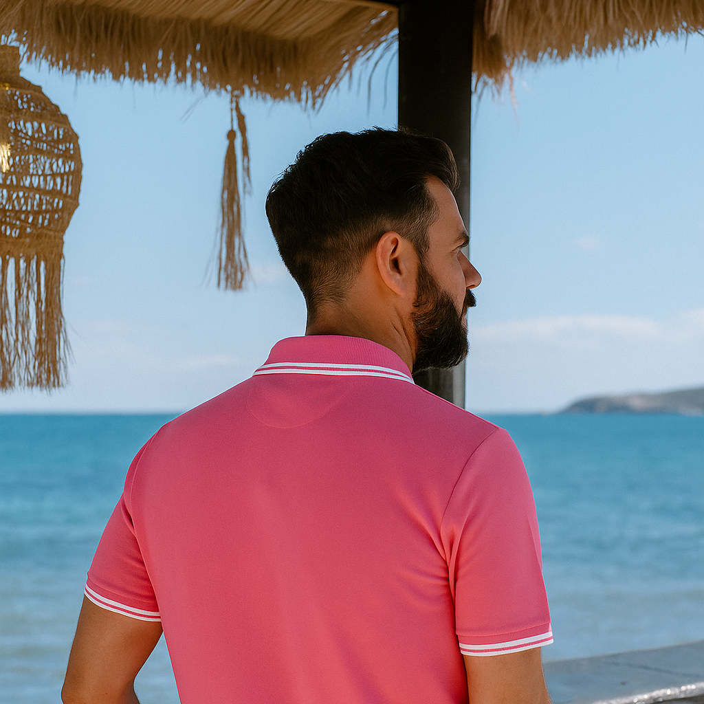 Model wearing Axel Polo in pink at beach by Sauce & Brown