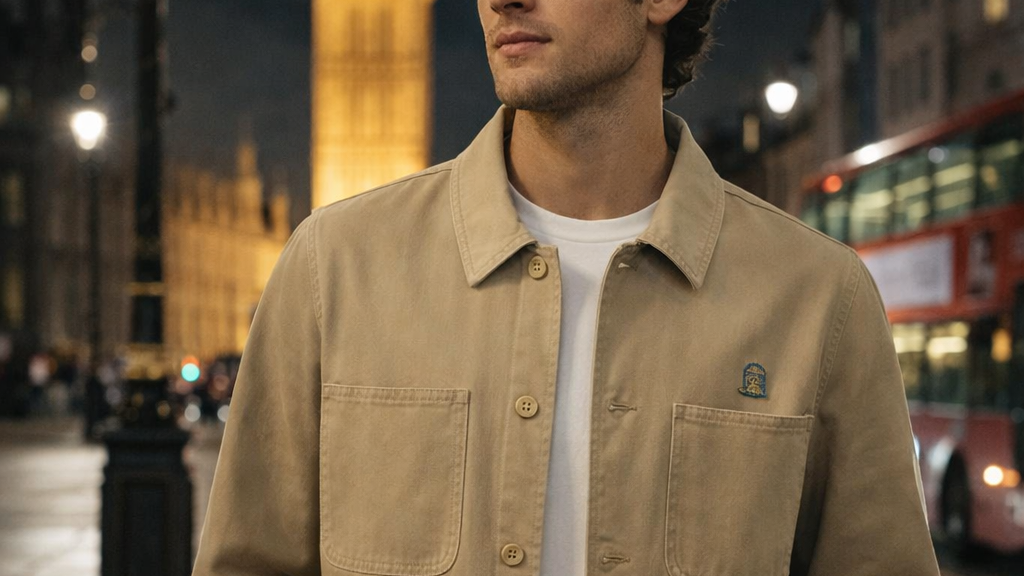 Model wearing Bourne Jacket in sand outdoors at night by Sauce & Brown