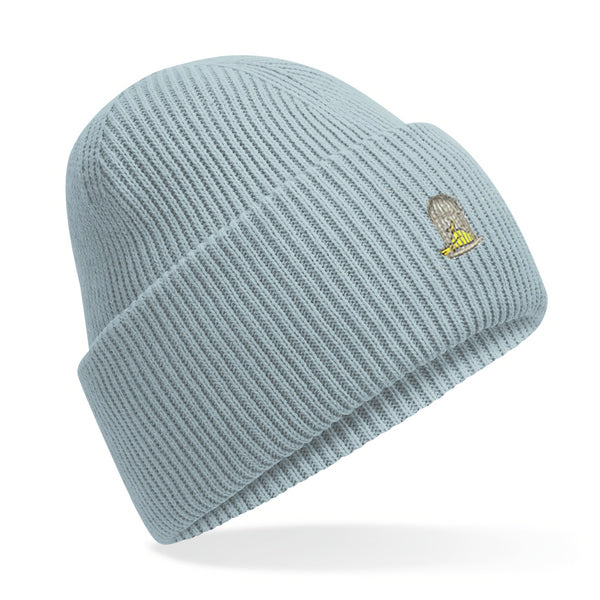 Drift Beanie in Ice Blue with embroidered logo by Sauce & Brown
