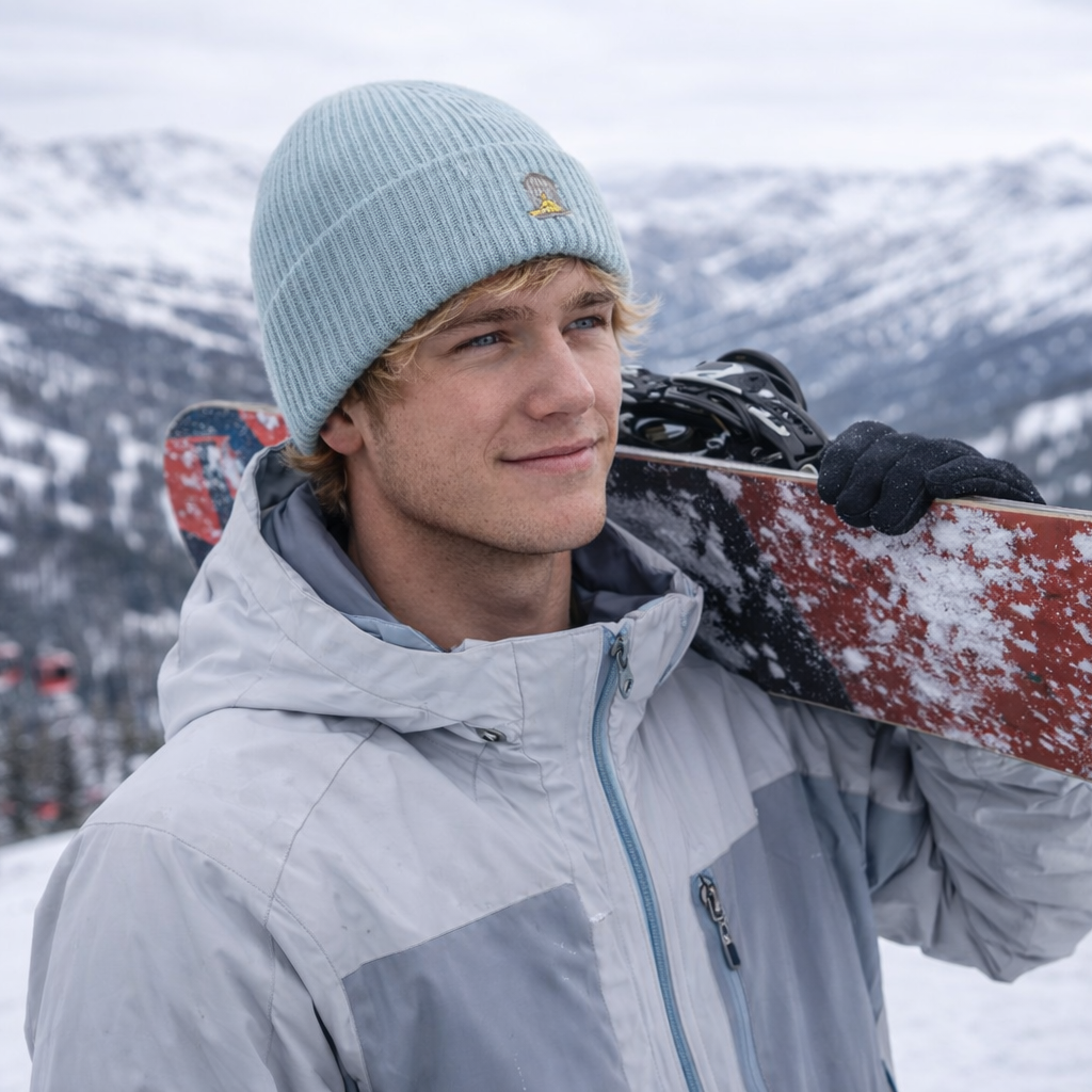 Model wearing Drift Beanie in Ice Blue outdoors in snowy mountain setting by Sauce & Brown