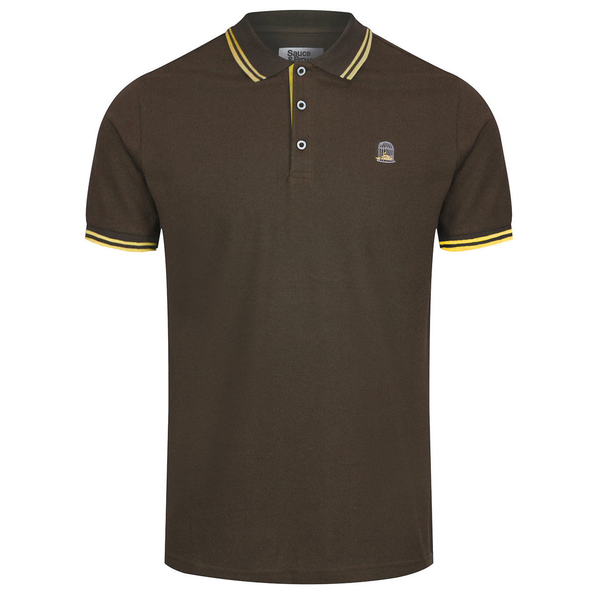 Front view of Faith Polo in brown with embroidered chest logo by Sauce & Brown