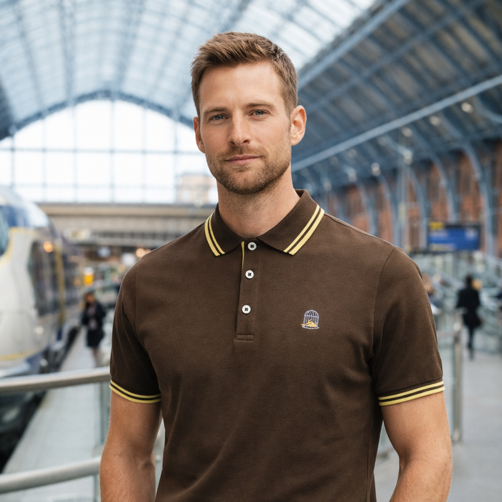 Model wearing Faith Polo in brown in travel setting by Sauce & Brown