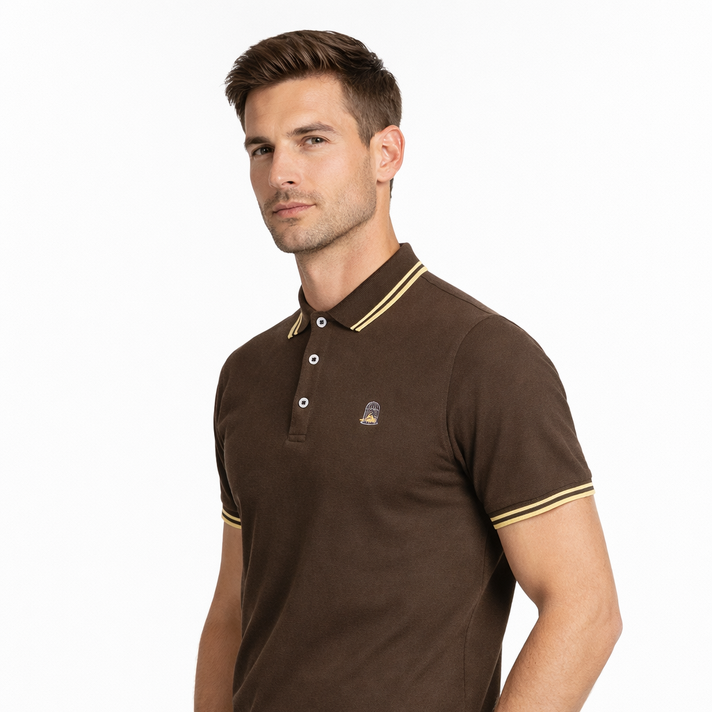 Angled view of Faith Polo in brown with embroidered logo worn by model by Sauce & Brown