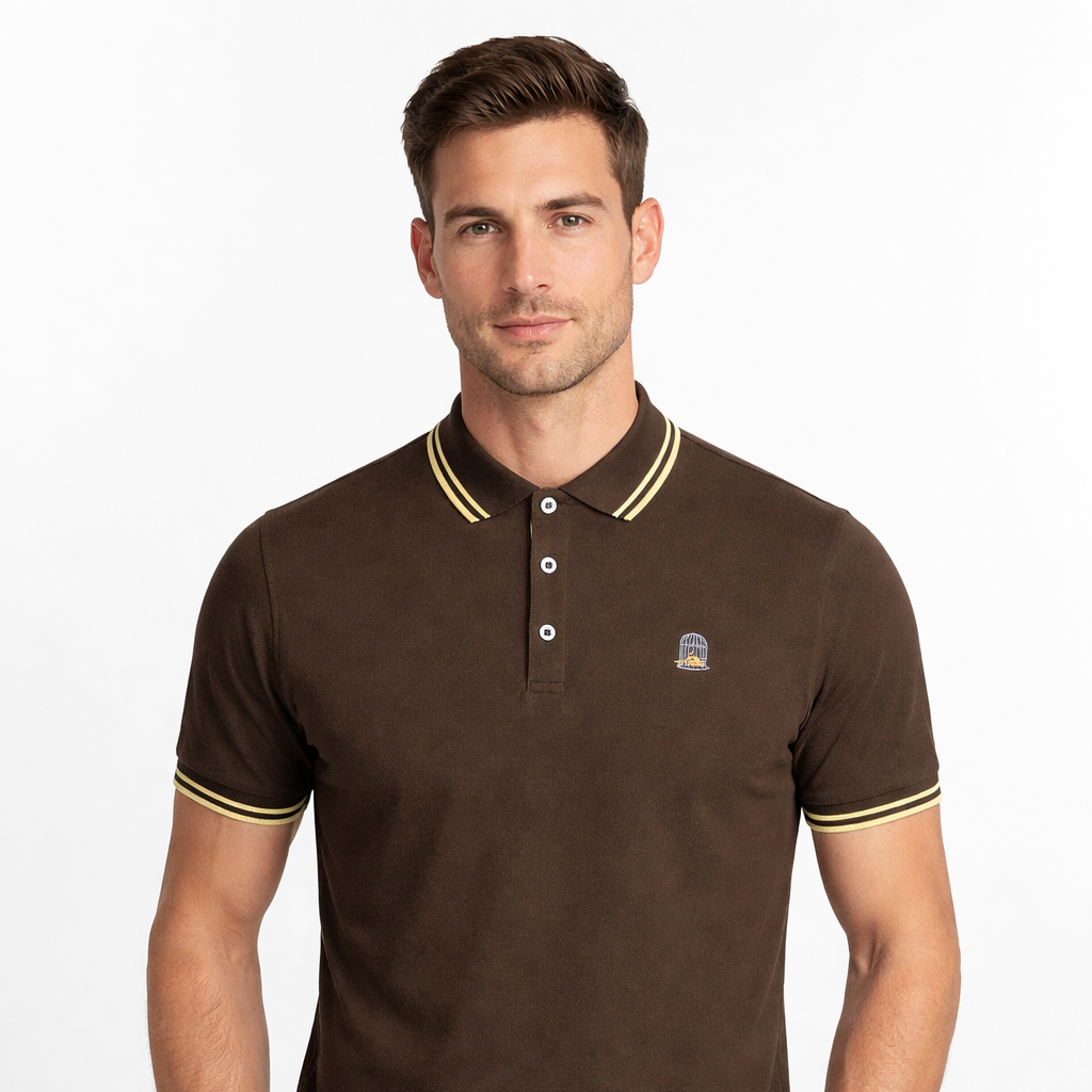 Faith Polo in brown with embroidered chest logo worn by model by Sauce & Brown