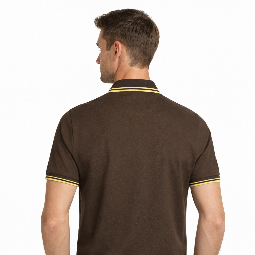 Rear view of Faith Polo in brown worn by model by Sauce & Brown