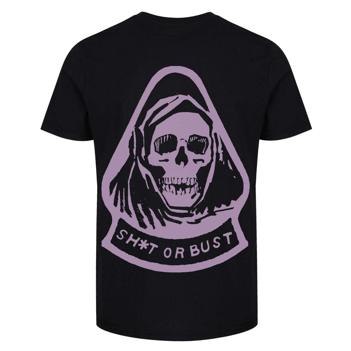 Rear flat lay of Fear City T-Shirt in black with large lilac graphic by Sauce & Brown