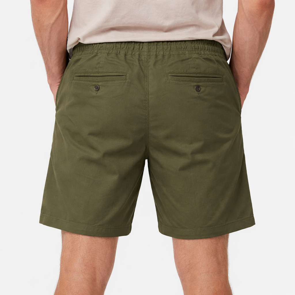 Rear view of Field Shorts in olive green worn by model by Sauce & Brown