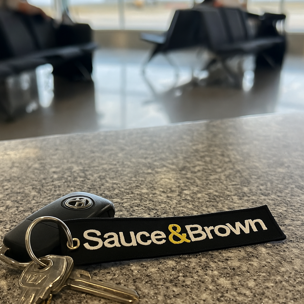 Sauce & Brown Flight Tag in black attached to keys