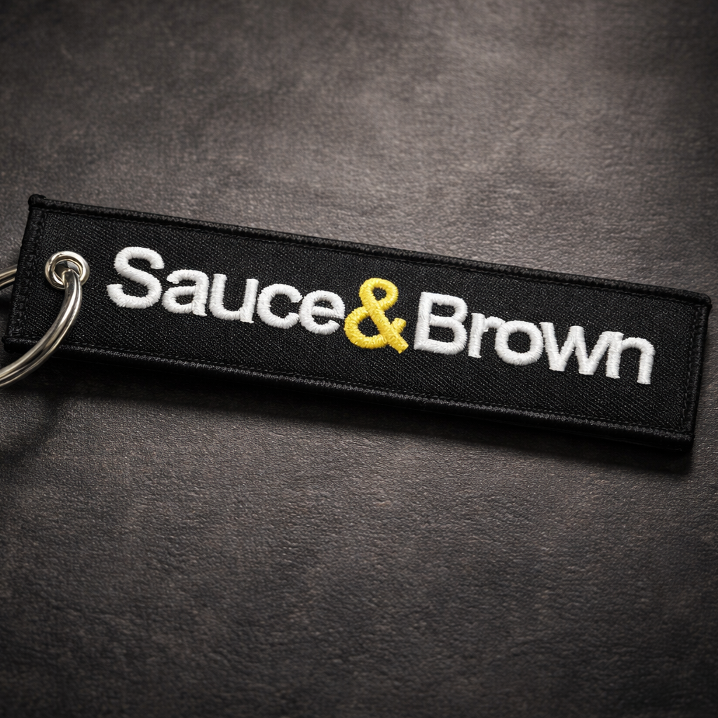 Black Flight Tag with embroidered Sauce & Brown logo on surface