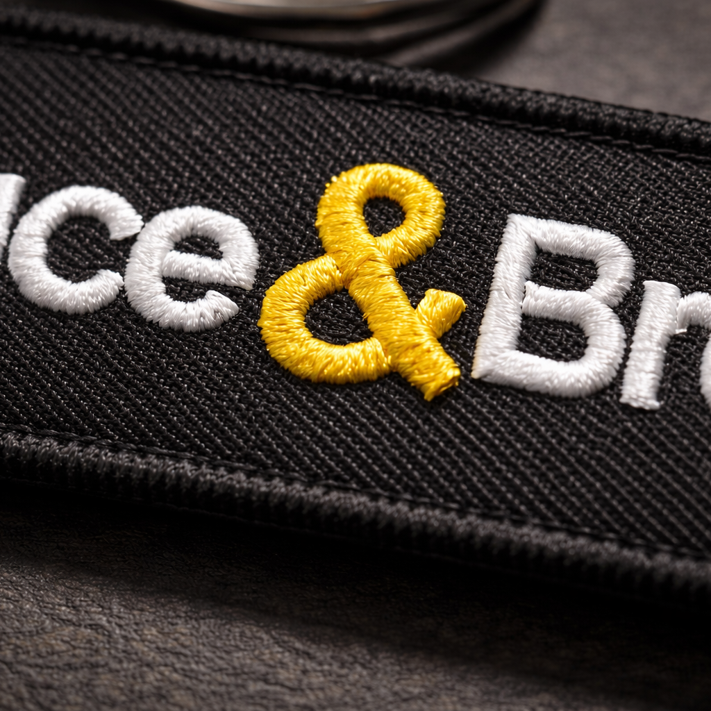 Close-up embroidered Sauce & Brown logo on black Flight Tag
