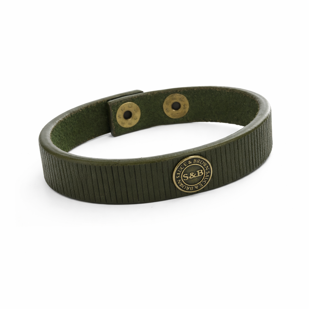 Khaki leather band with metal Sauce & Brown badge